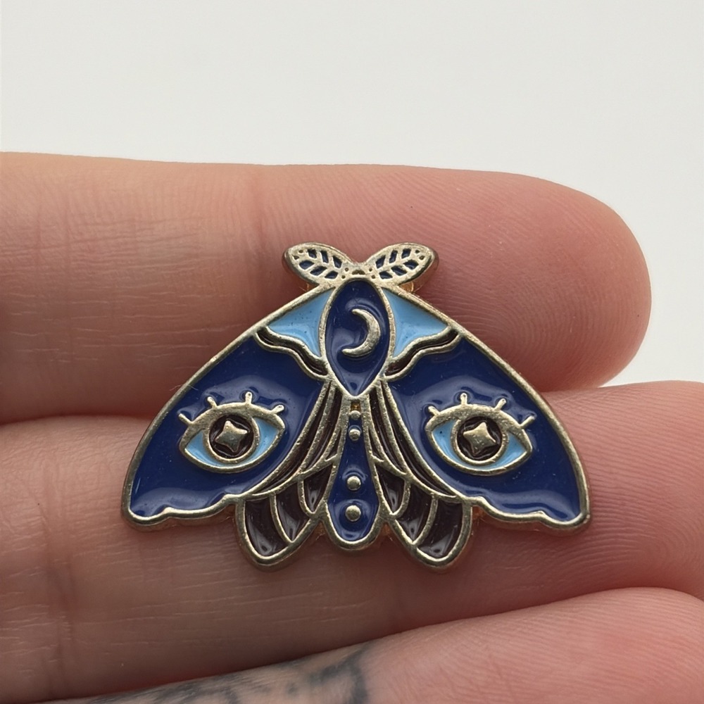 Mystic Witchy Moth Cartoon Lapel Hat Pin Blue Gold Tone Celestial Eye Moon